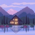 Vector illustration of evening or dawn private house at the lake in the mountains Royalty Free Stock Photo